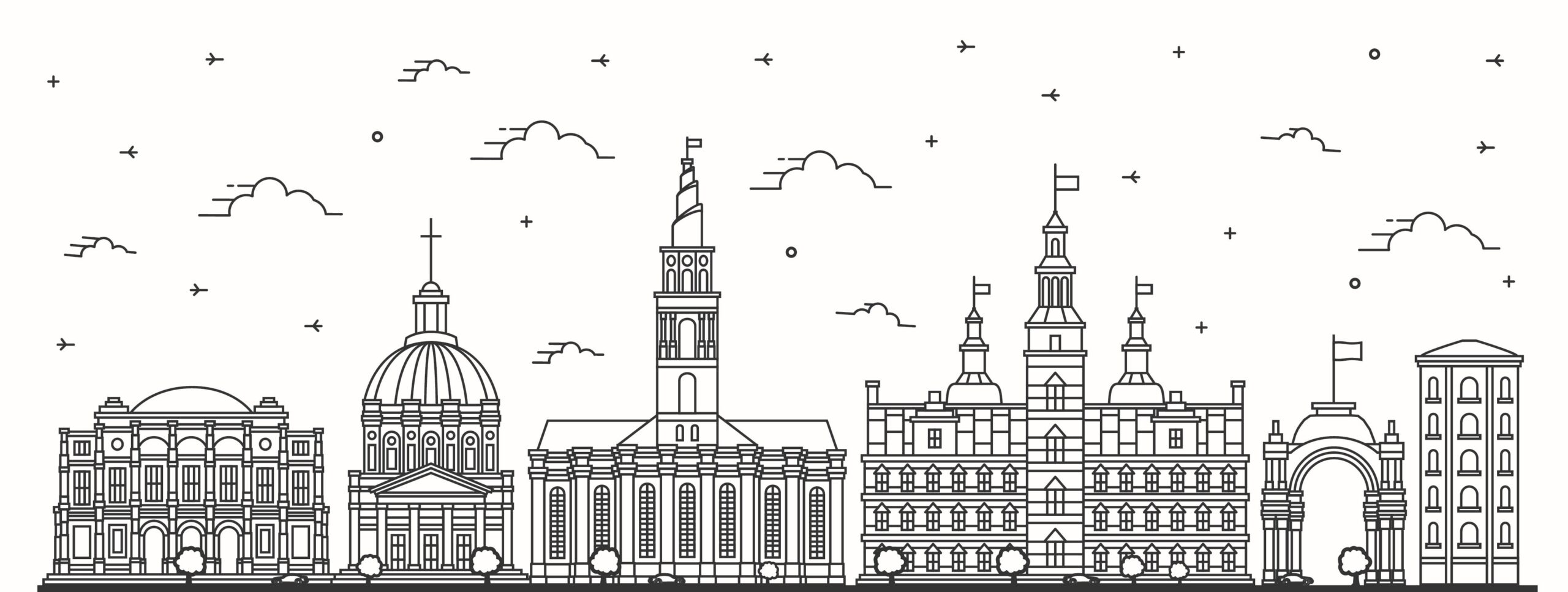 Outline Copenhagen Denmark City Skyline with Historic Buildings Isolated on White.
